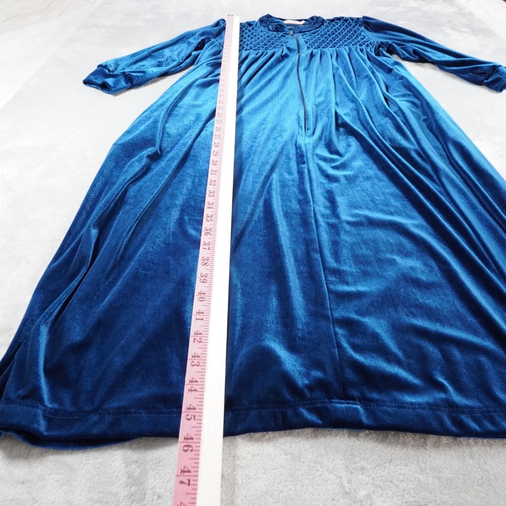 La Cera Womens Velour Bathrobe XL Blue Nightgown Kaftan Smocked Pockets Cozy - Picture 7 of 14
